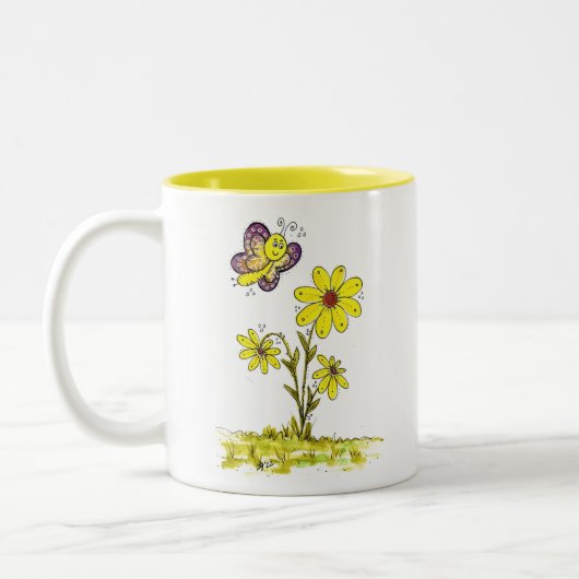 Whimsical Yellow Flowers met een Butterfly Tweekleurige Koffiemok (Links)