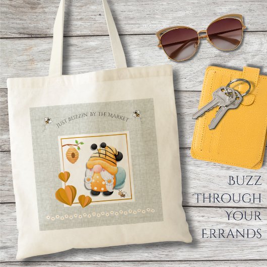Whimsical Yellow Gnome Honey Bee Market Tote Bag