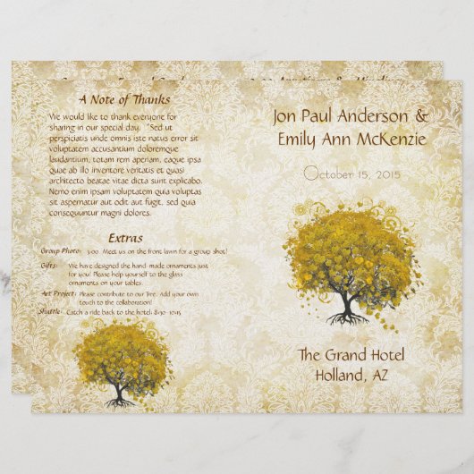 Whimsical Yellow Heart Leaf Tree Wedding Programme (Voorkant / Achterkant)