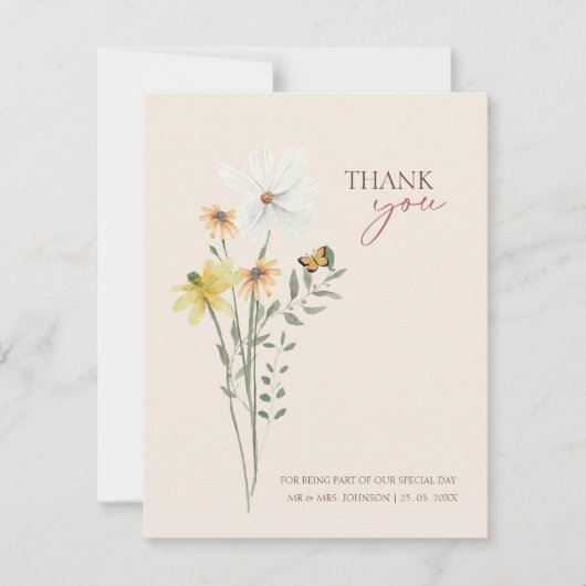 Whimsical Yellow Wildflower Wedding Dank u Bedankkaart (Voorkant)