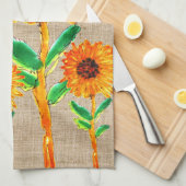 Whimsical Yellow Zonnebloemen en Vogel Keuken Hand Theedoek (Quarter Fold)