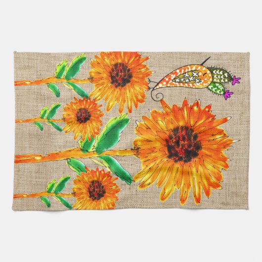 Whimsical Yellow Zonnebloemen en Vogel Keuken Hand Theedoek (Horizontaal)