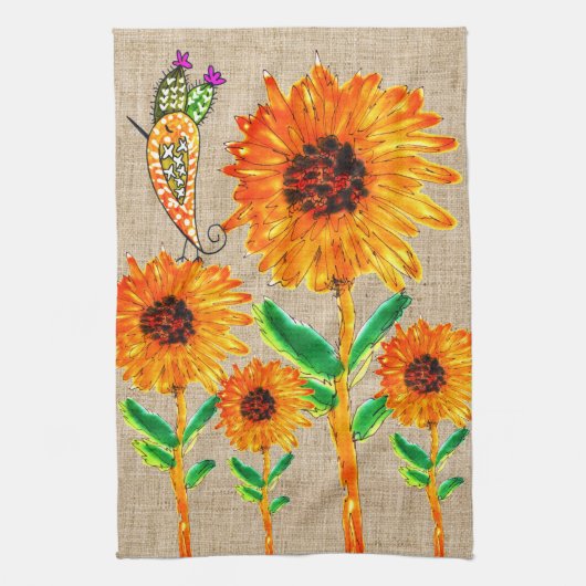 Whimsical Yellow Zonnebloemen en Vogel Keuken Hand Theedoek (Verticaal)