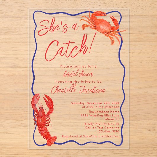 Whimsical Ze is een Catch Red Coastal Vrijgezellen Acryl Uitnodigingen (Voorkant)