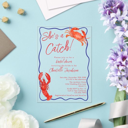 Whimsical Ze is een Catch Red Coastal Vrijgezellen Acryl Uitnodigingen (Insitu (Huwelijk))