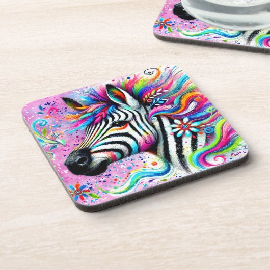 Whimsical Zebra Bloemen Roze Blauwgroen Groene Dai Bier Onderzetter (Linkerzijde)