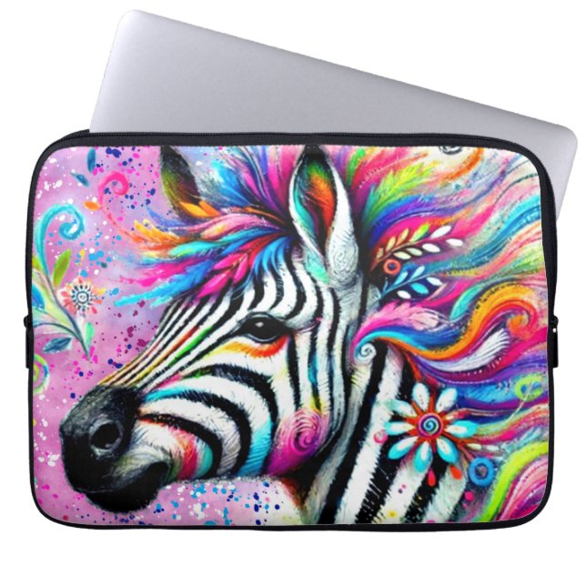 Whimsical Zebra Bloemen Roze Blauwgroen Groene Dai Laptop Sleeve (Voorkant)
