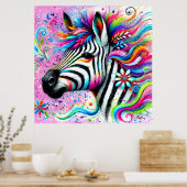 Whimsical Zebra Bloemen Roze Blauwgroen Groene Dai Poster (Keuken)