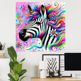 Whimsical Zebra Bloemen Roze Blauwgroen Groene Dai Poster