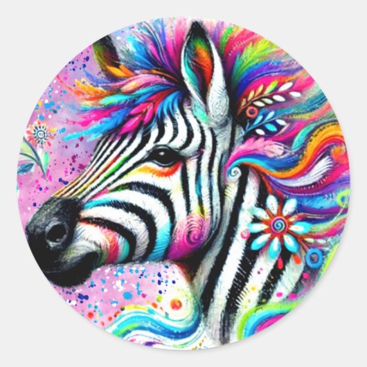 Whimsical Zebra Bloemen Roze Blauwgroen Groene Dai Ronde Sticker (Voorkant)