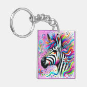 Whimsical Zebra Bloemen Roze Blauwgroen Groene Dai Sleutelhanger (Voorkant Links)