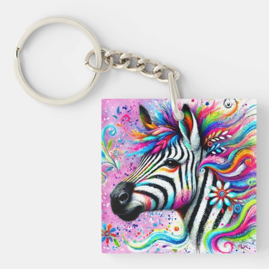 Whimsical Zebra Bloemen Roze Blauwgroen Groene Dai Sleutelhanger (Voorkant)