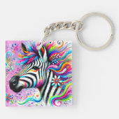 Whimsical Zebra Bloemen Roze Blauwgroen Groene Dai Sleutelhanger (Achterkant)