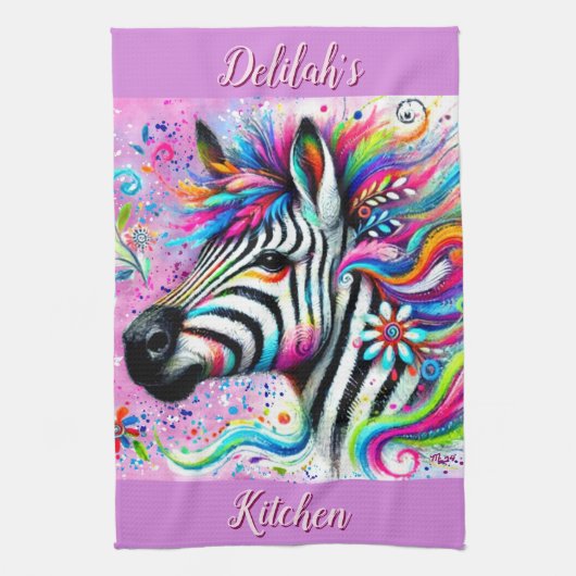 Whimsical Zebra Bloemen Roze Blauwgroen Groene Dai Theedoek (Verticaal)