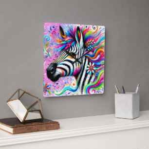 Whimsical Zebra Bloemen Roze Blauwgroen Groene Dai Vierkante Klok