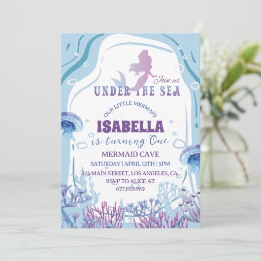Whimsical Zeemeermin 1e Verjaardag Uitnodiging (Staand voorkant)