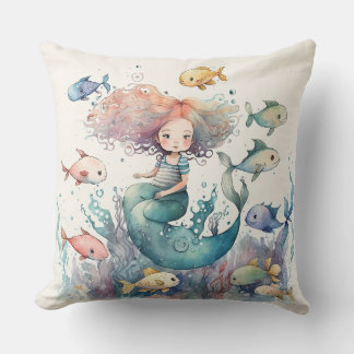 Whimsical zeemeermin onder de zee vissen waterverf kussen
