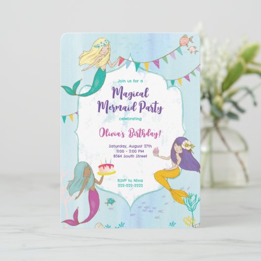 Whimsical Zeemeermin Verjaardagsfeestje Kaart (Staand voorkant)