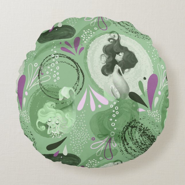 Whimsical Zeemeerminnen Groene Abstracte Print Rond Kussen (Voorkant)