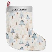 Whimsical Zilver Blauw Cream Kerstbomen Grote Kerstsok (Voorkant)