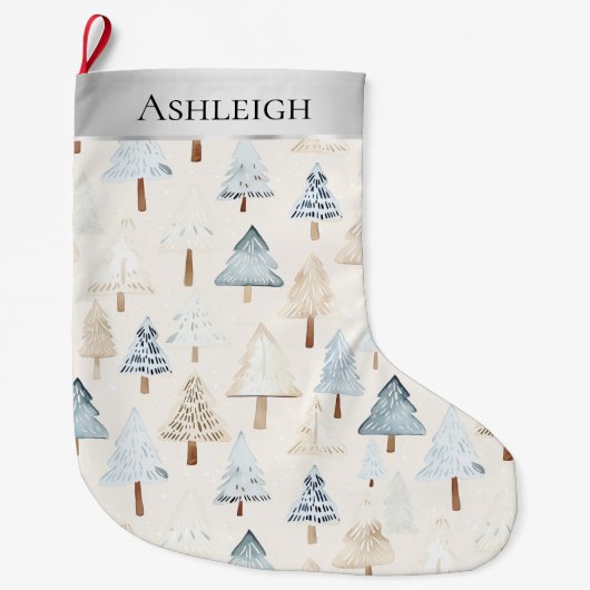 Whimsical Zilver Blauw Cream Kerstbomen Grote Kerstsok (Voorkant)