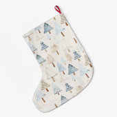 Whimsical Zilver Blauw Cream Kerstbomen Grote Kerstsok (Achterkant (Hangend))