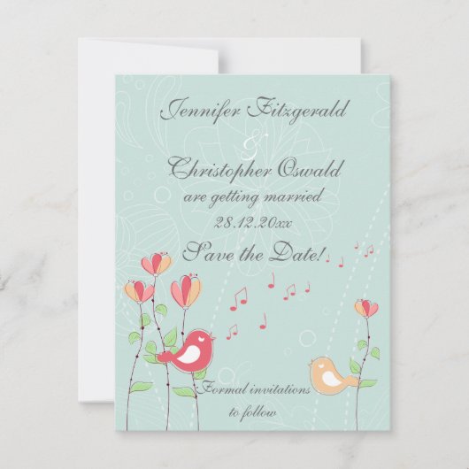 Whimsical Zingende Vogels met Bloemen Save the Dat Kaart (Voorkant)