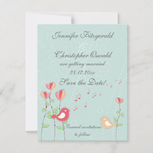 Whimsical Zingende Vogels met Bloemen Save the Dat Kaart