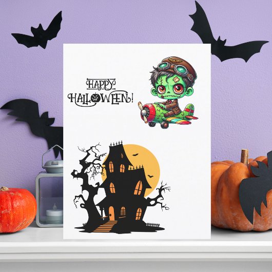 Whimsical Zombie Pilot Vliegtuig Kinder Halloween Briefkaart