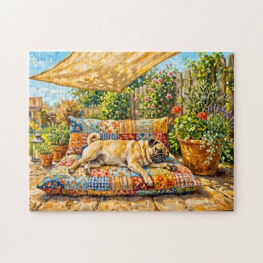 Whimsical Zomer Terras Mops Hond Illustratie Legpuzzel (Horizontaal)