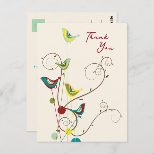 Whimsical zomer vogel en wervelingen modern dank u briefkaart (Voorkant / Achterkant)
