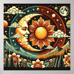 Whimsical Zon en Maan in een Surrealistische Kosmo Poster