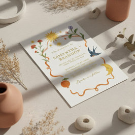 Whimsical Zon & Maan Bloemen Gouden Folie Huwelijk Folie Uitnodiging