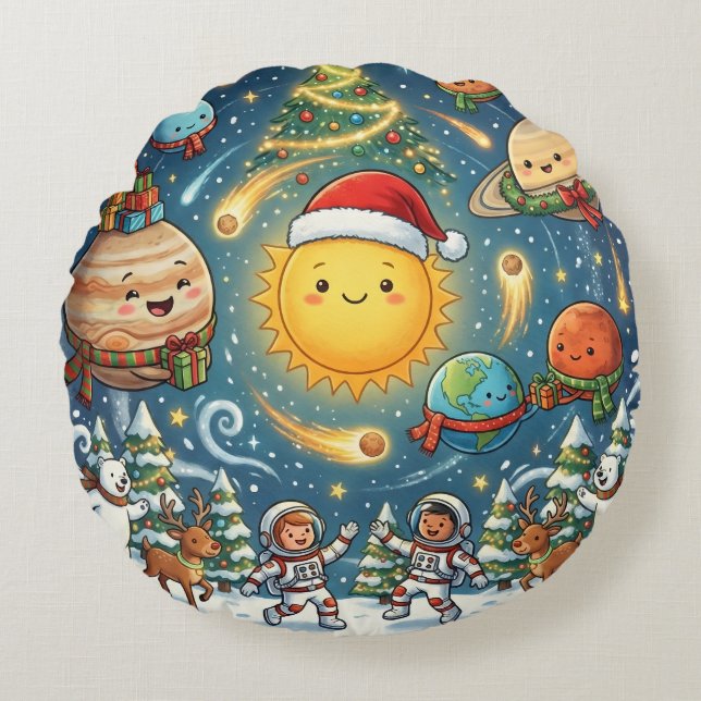 Whimsical Zonnestelsel Kerstfeest met mensen Rond Kussen (Voorkant)
