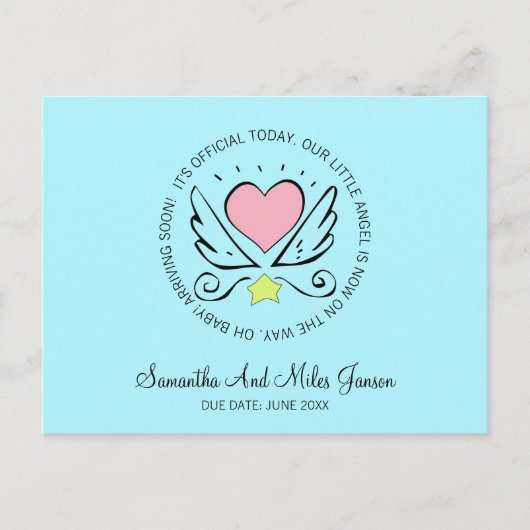 Whimsical Zwangerschap | Hart met Wings Turquoise Aankondigingskaart (Voorkant)