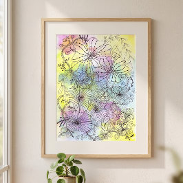 Whimsical Zwart Bloemmotief Lijnkunst Pastel Water Poster