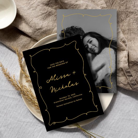 Whimsical Zwart en Goud Foto Bruiloft Save The Date