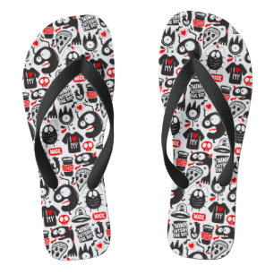 Whimsical Zwart en Rood Monster Doodle Teenslippers