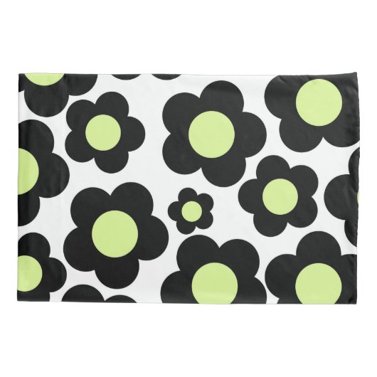 Whimsical Zwart & Lime Groen Bloemen Retro Cheerfu Kussensloop (Achterkant)