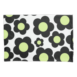 Whimsical Zwart & Lime Groen Bloemen Retro Cheerfu Kussensloop