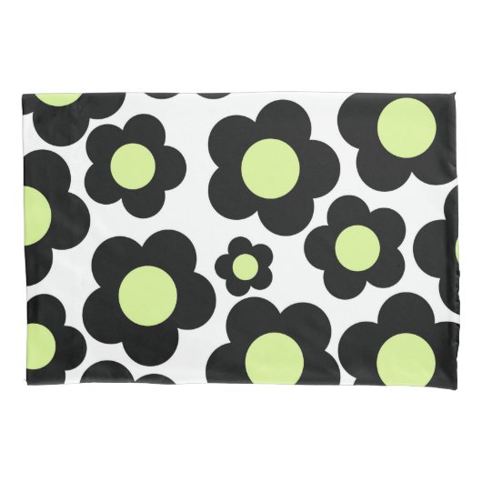 Whimsical Zwart & Lime Groen Bloemen Retro Cheerfu Kussensloop (Voorkant)