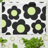 Whimsical Zwart & Lime Groen Bloemen Retro Cheerfu Theedoek (Gevouwen)