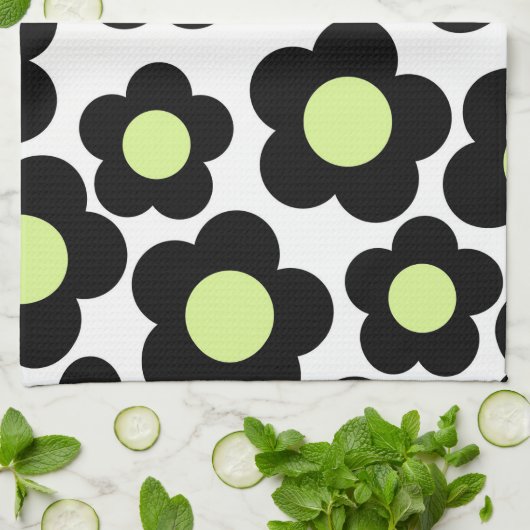 Whimsical Zwart & Lime Groen Bloemen Retro Cheerfu Theedoek (Gevouwen)