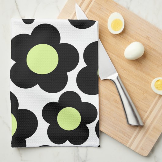 Whimsical Zwart & Lime Groen Bloemen Retro Cheerfu Theedoek (Quarter Fold)
