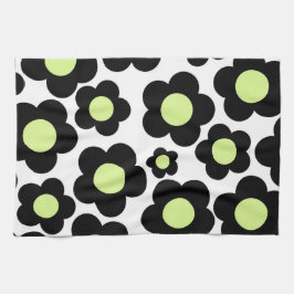Whimsical Zwart & Lime Groen Bloemen Retro Cheerfu Theedoek