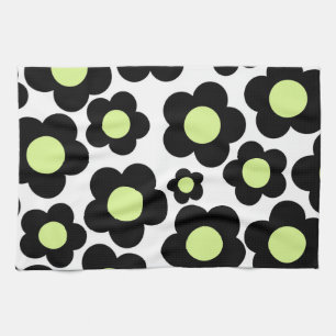 Whimsical Zwart & Lime Groen Bloemen Retro Cheerfu Theedoek
