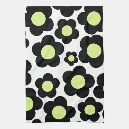 Whimsical Zwart & Lime Groen Bloemen Retro Cheerfu Theedoek (Verticaal)