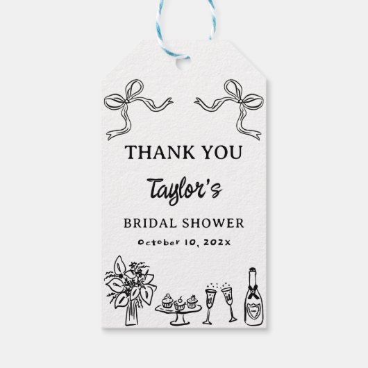 Whimsical Zwart met de Hand Getekende Bruidsdouche Cadeaulabel (Achterkant)