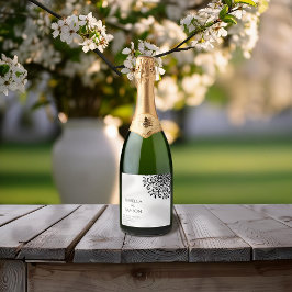 Whimsical Zwart-wit bloeien Sparkling Wijnetiket