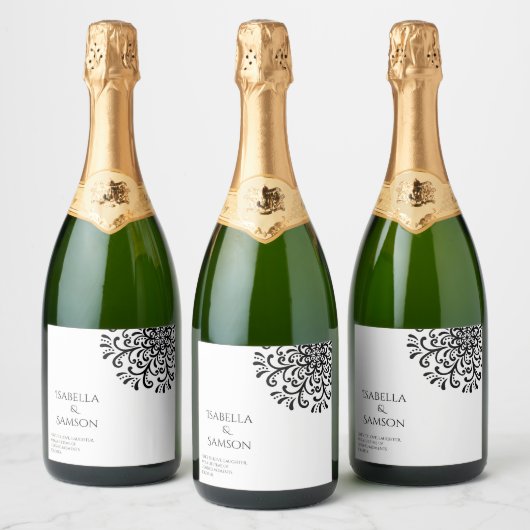 Whimsical Zwart-wit bloeien Sparkling Wijnetiket (Flessen)